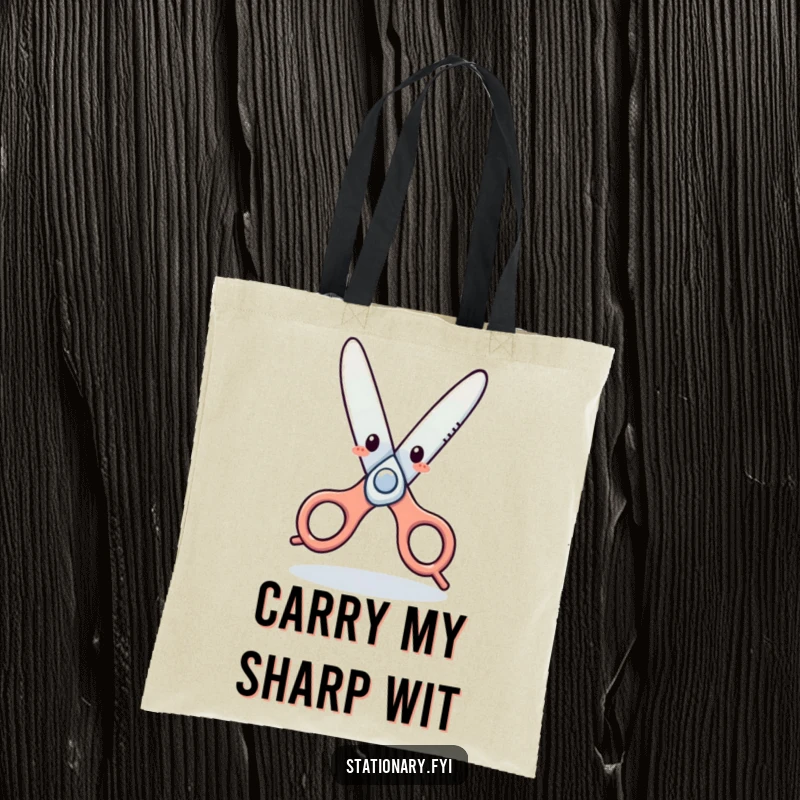 Funny Tote Bag: Lively scissors character performing a whimsical dance, a practical and humorous accessory for everyday use.