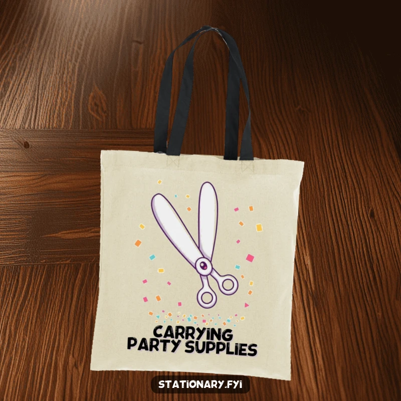 Funny tote bag with giggling scissors creating a confetti storm, ideal for those who love to celebrate.