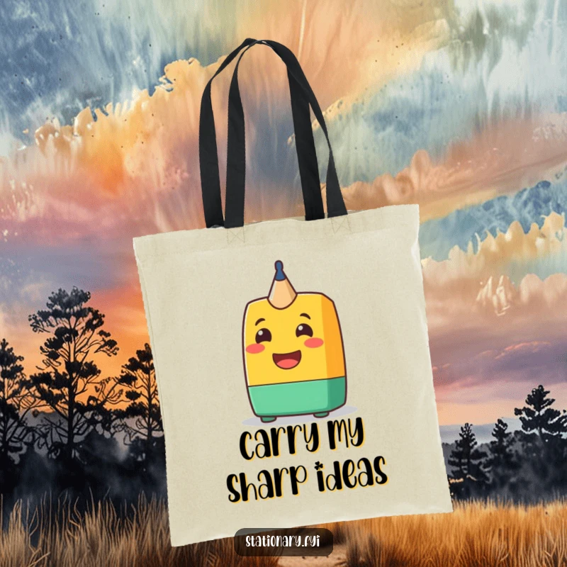 Funny Tote Bag: A cheerful pencil sharpener character with a big grin, a practical and humorous accessory for everyday use.