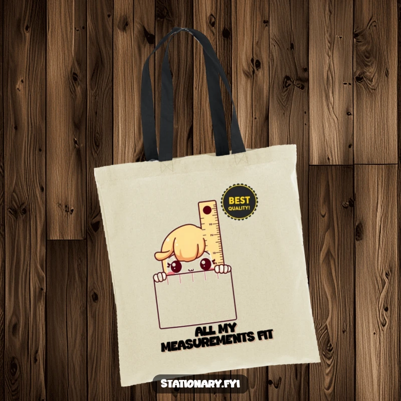 Funny Tote Bag with a shy ruler peeking from behind a notebook, perfect for carrying books or essentials.