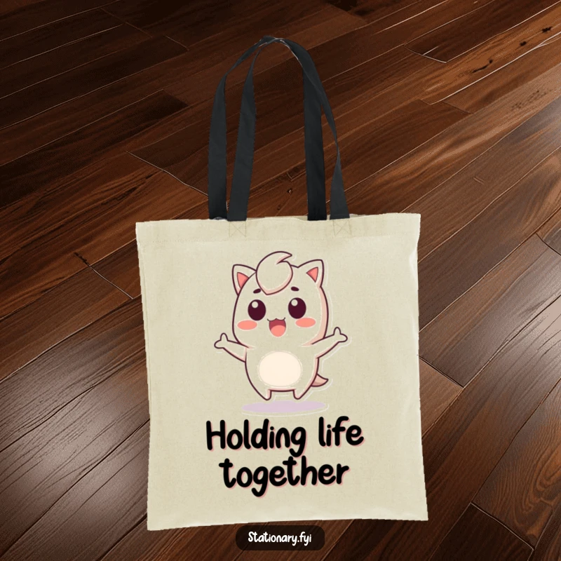 Funny Tote Bag with a Kawaii staple remover character caught in a surprised jump, ideal for carrying items with humor.