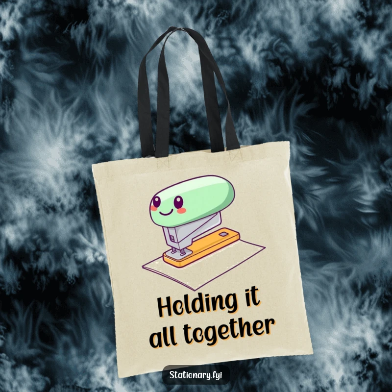 Funny tote bag depicting a cheerful stapler speedily zipping over a sheet of paper, ideal for busy professionals.