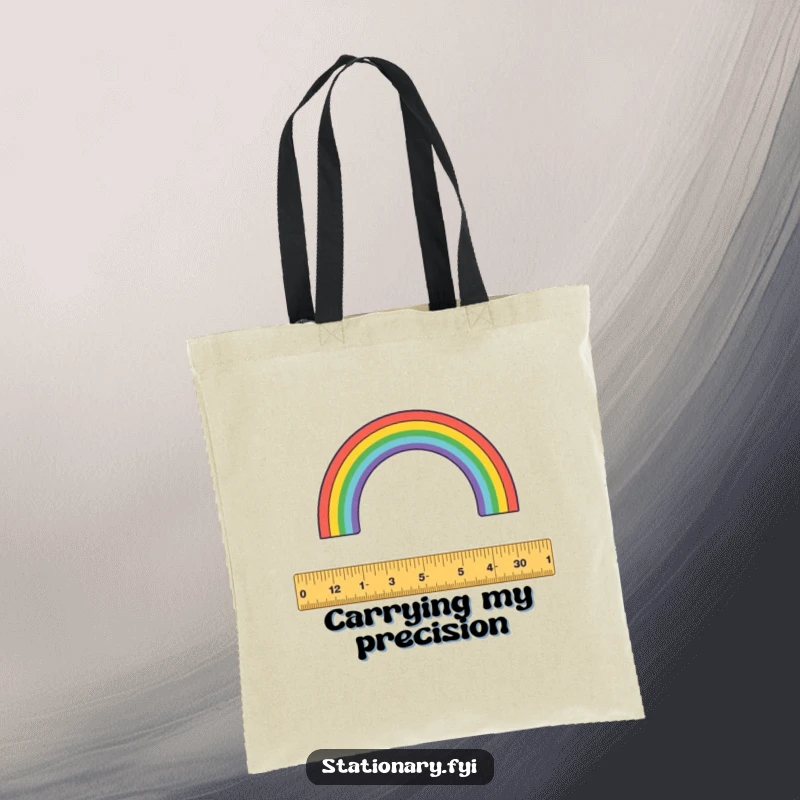 Funny tote bag: A playful ruler measures a radiant rainbow arc, perfect for carrying your essentials.