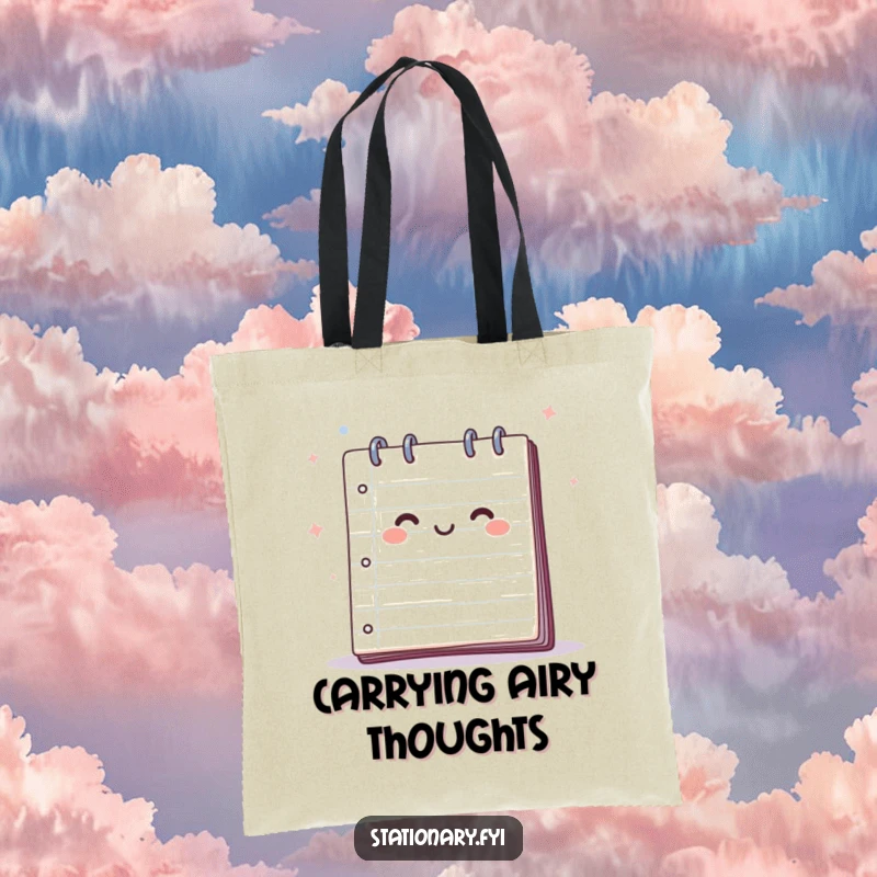 Funny tote bag featuring a happy notepad with pages flapping in a gentle breeze, ideal for carrying books or supplies.