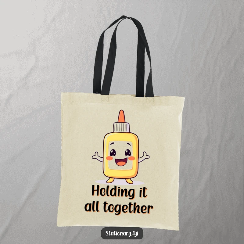 Funny Tote Bag: A grinning glue bottle character performing a wobbly dance, a practical and humorous accessory for everyday use.