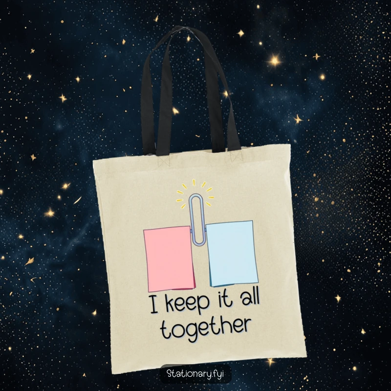 Funny Paperclip Tote Bag: A cheerful paperclip humorously binding colorful papers, a stylish and funny accessory.