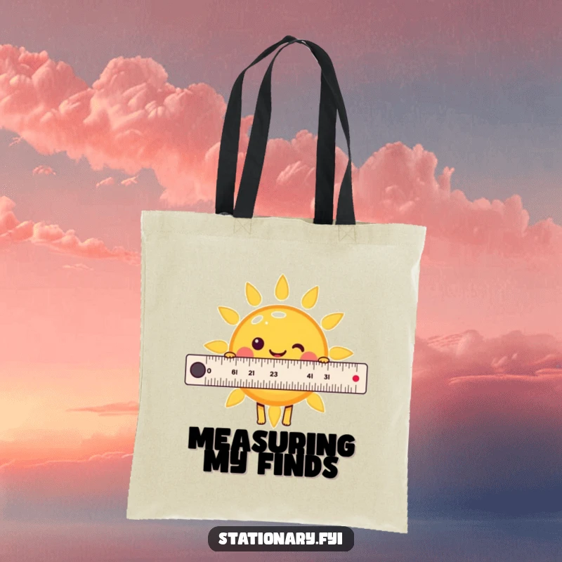Funny Kawaii Ruler Tote Bag cheerfully measuring a smiling sun, perfect for carrying sunny vibes with humor.