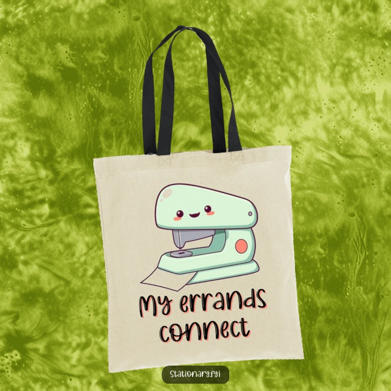 Funny Tote Bag with a delighted stapler rapidly fastening paper, ideal for carrying essentials with artistic humor and as a great gift.