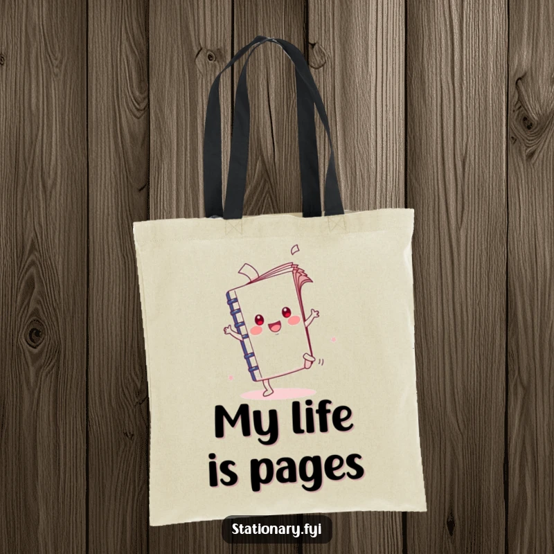 Funny Kawaii Notebook Tote Bag with a cartwheeling character and flying pages, perfect for carrying creative ideas with humor.
