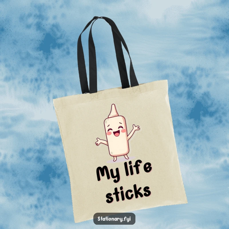 Funny Tote Bag with a giggling glue stick spreading joy, ideal for carrying essentials with artistic humor and as a great gift.