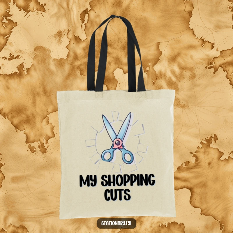 Funny Tote Bag with playful scissors gleefully snipping paper, ideal for carrying essentials with artistic humor and as a great gift.