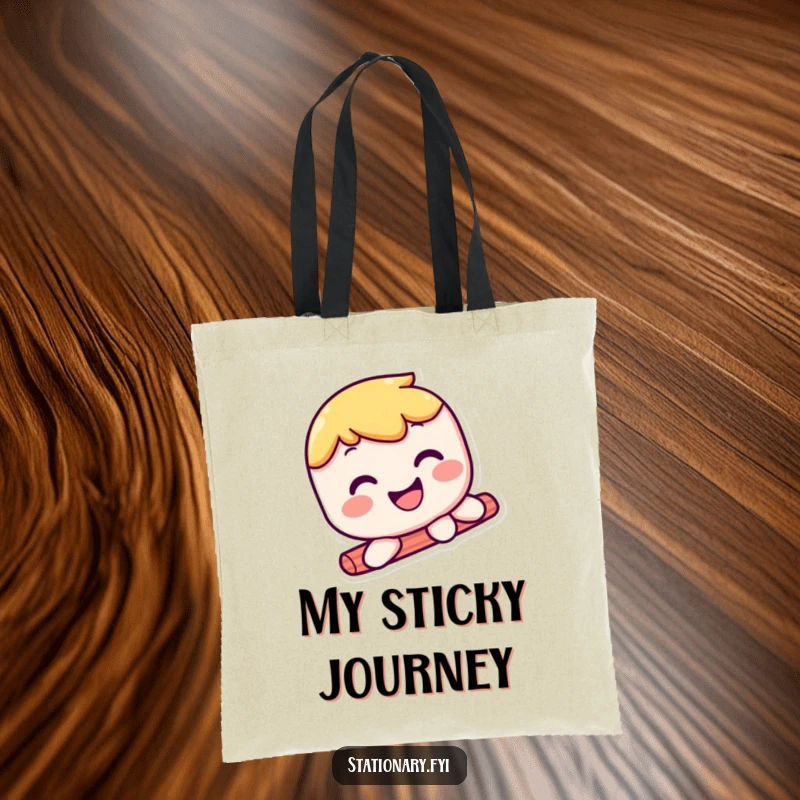Funny kawaii glue stick tote bag showcasing a happy character sliding with a big smile, perfect for carrying fun.