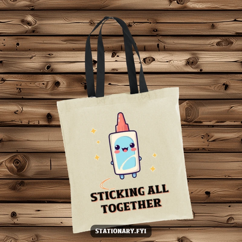 Funny Tote Bag with a playful glue stick leaving a sparkly trail, perfect for carrying art supplies or daily items.